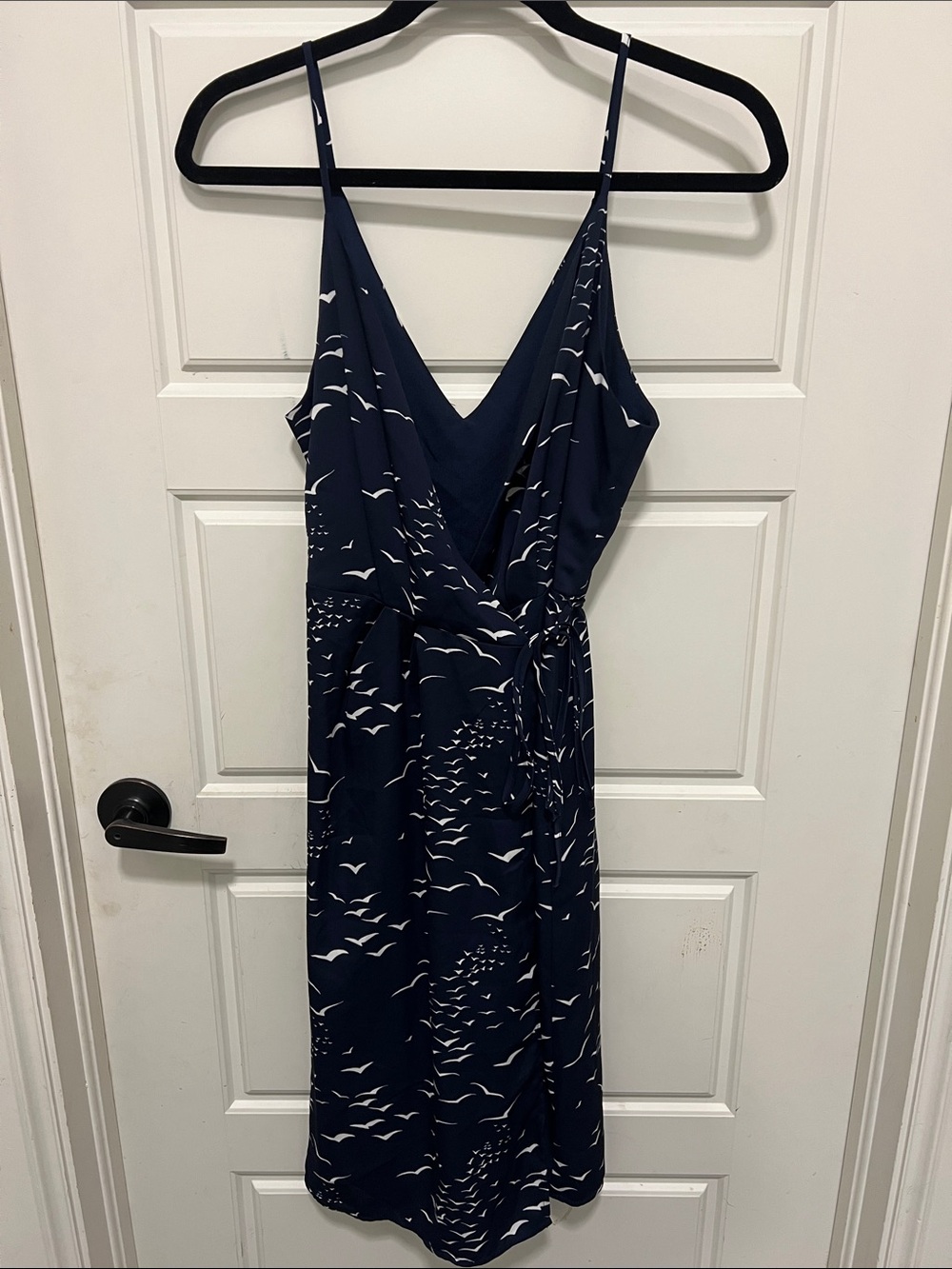 BCBGeneration Navy Wrap Midi Dress with White Bird Motif